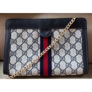 Authentic Vintage Gucci Web Monogram Canvas Black Leather Velcro Clutch